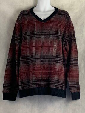 Alfani Men's V-Neck Pullover Sweater, Red Black Plaid, XXL